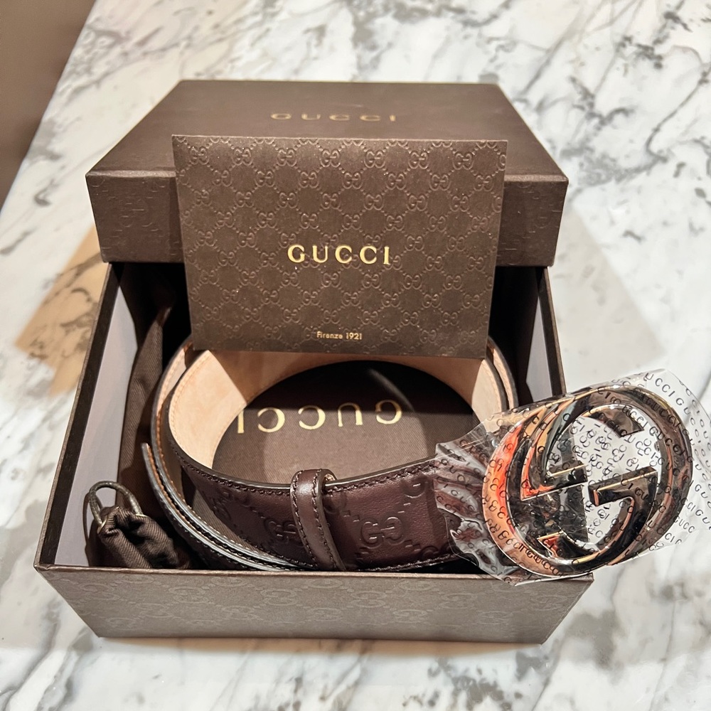 Gucci Brown Embossed GG Leather Belt with Silver Double-G Buckle